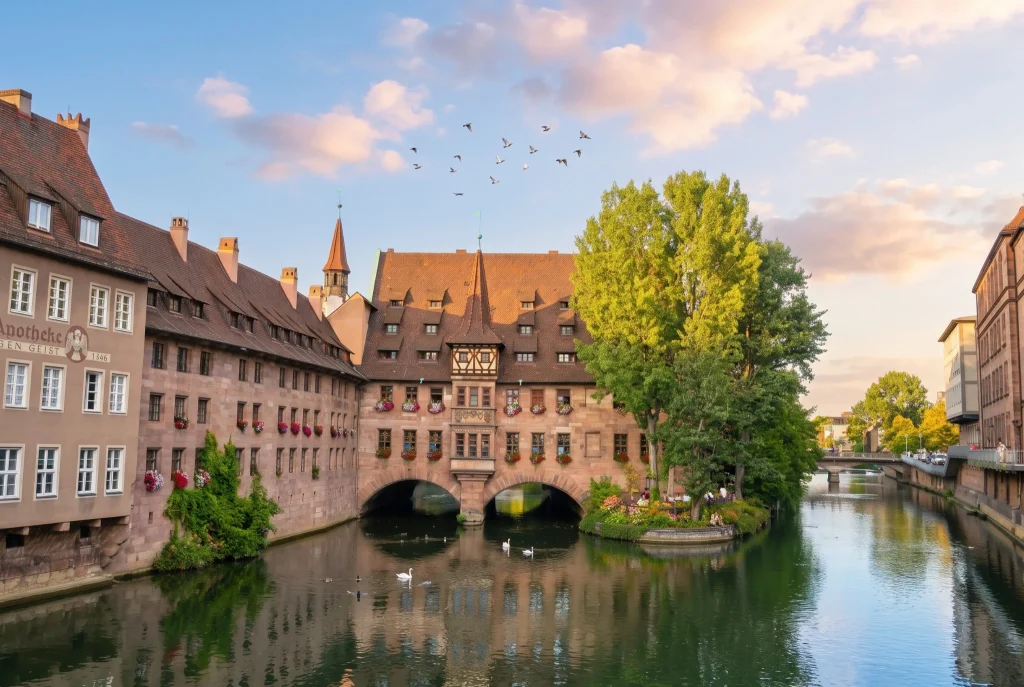 Sandsteinbau des Heilig-Geist-Spitals mit Fachwerkerker und Doppelbogen über der Pegnitz in Nürnberg