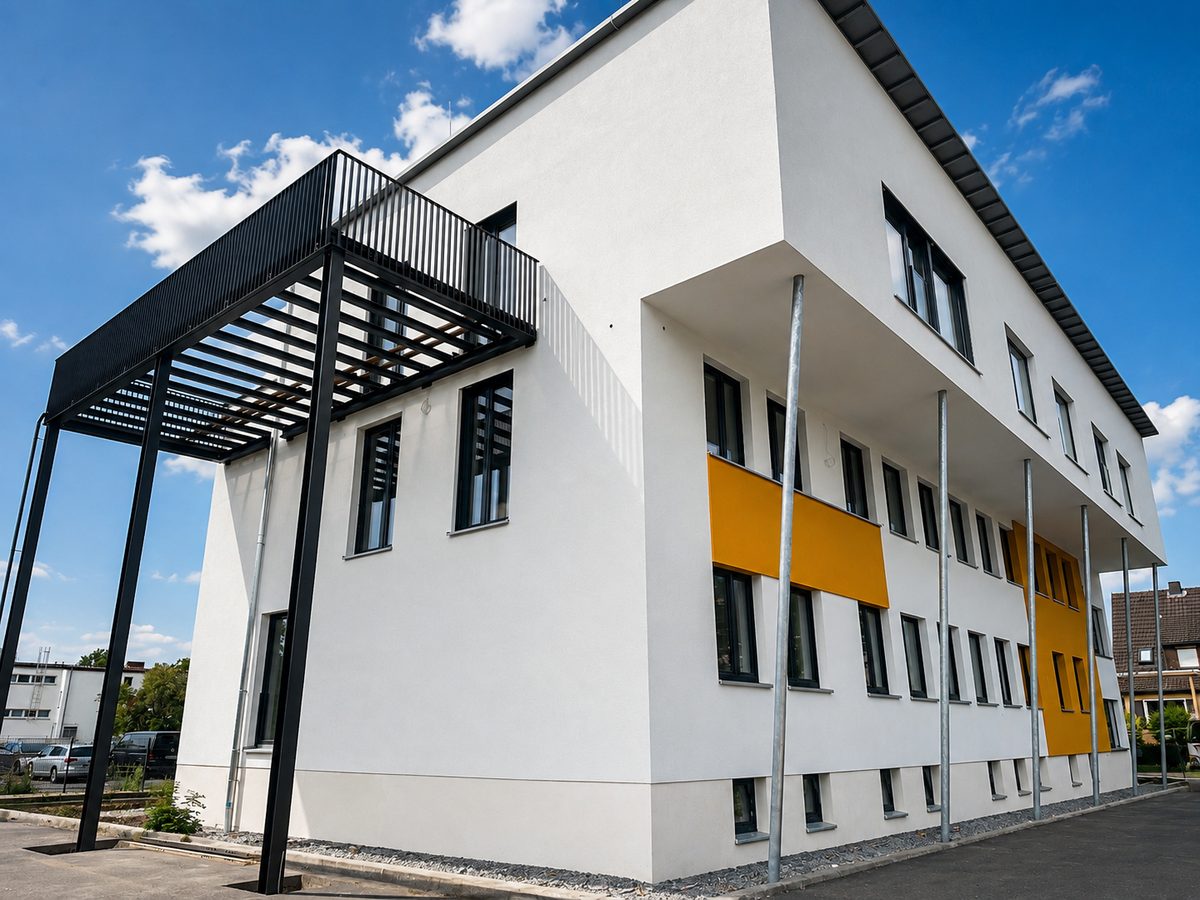 Modernes dreigeschossiges Gebäude mit heller Fassade, gelben Bekleidungsfeldern zwischen den Fenstern, anthrazitfarbenen Fensterrahmen und einer vorgesetzten Stahlkonstruktion als Vordach