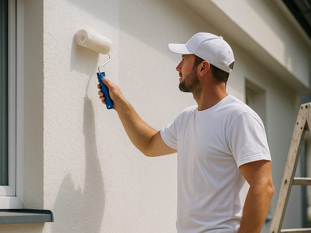 Maler in weißer Arbeitskleidung rollt mit der Farbwalze einen hellen Anstrich auf eine verputzte Außenwand, links im Bild eine Fensterlaibung, rechts eine angestellte Leiter