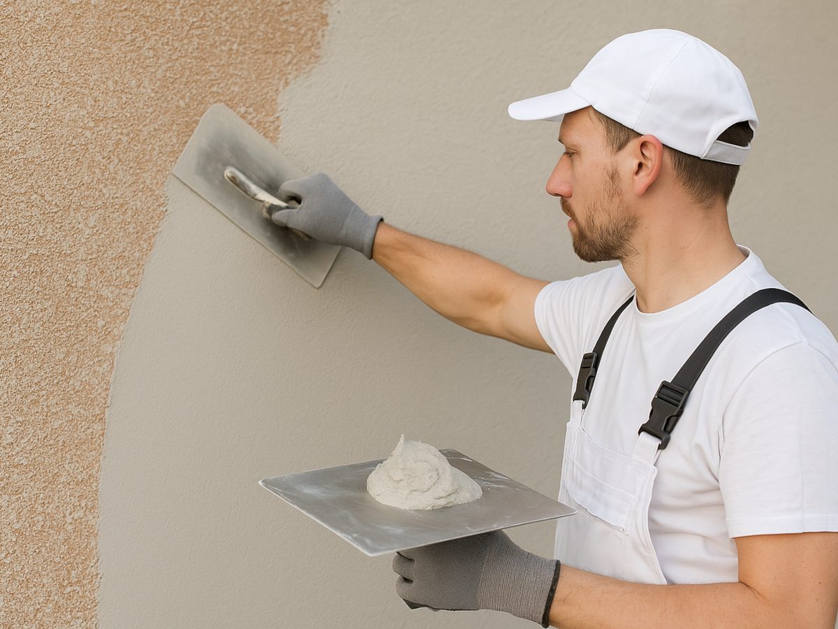 Handwerker in weißer Arbeitskleidung trägt mit Glättkelle und Putzerbrett frischen Oberputz auf eine Wand auf, links daneben die noch unbearbeitete grobkörnige Altfläche