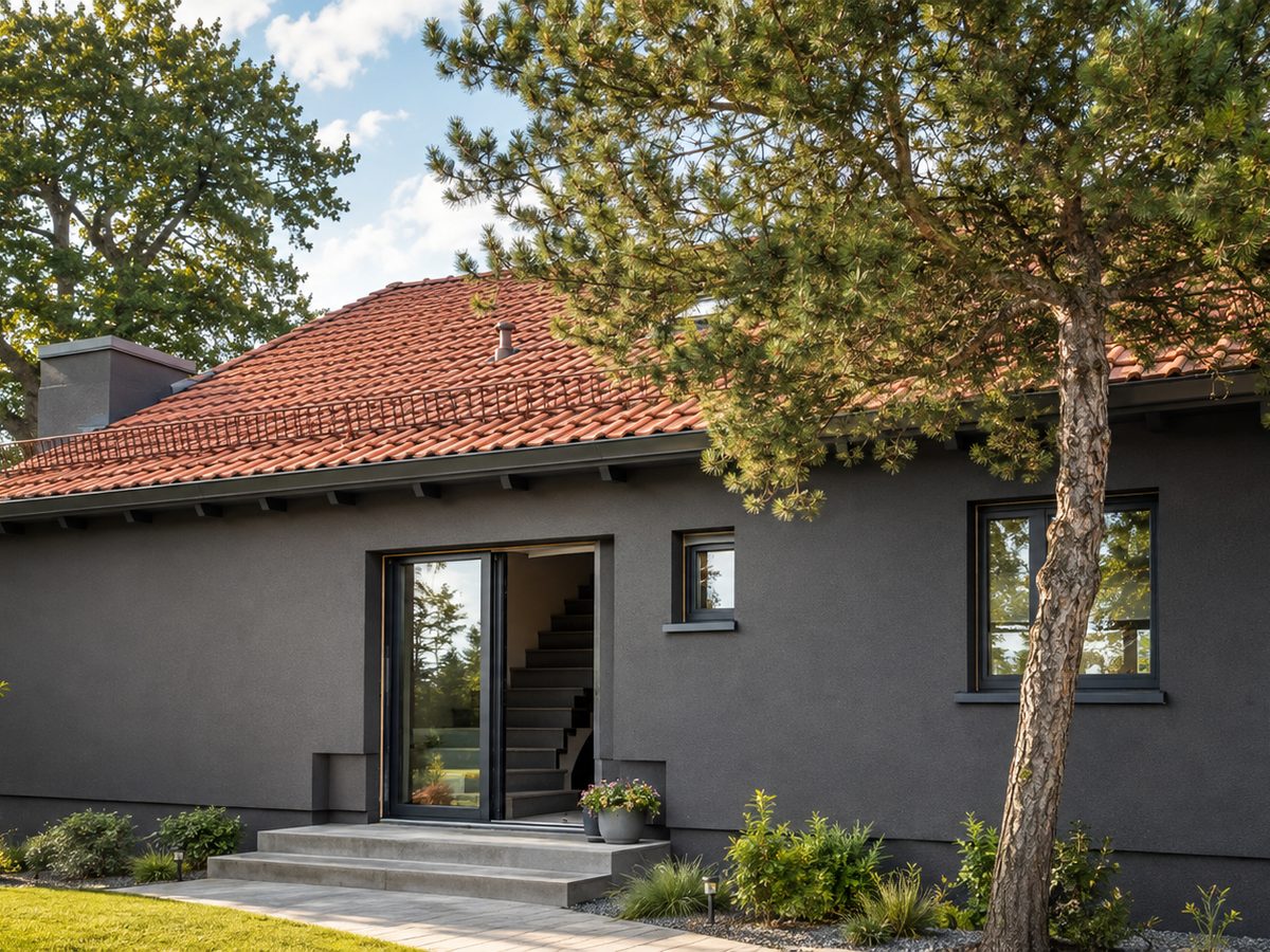 Wohnhaus mit dunkel verputzter, gedämmter Außenwand, umlaufendem Dachüberstand und bündig eingebauten Fenstern mit schmalen Laibungen