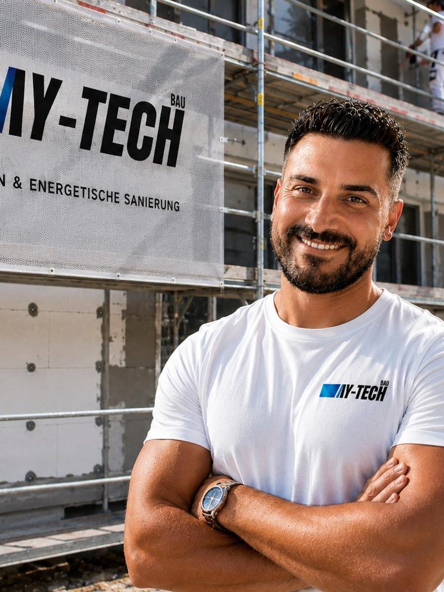 Yasin Aydin, Inhaber der AY-Tech Bau GmbH, vor einer eingerüsteten Fassade mit Firmenbanner, im Hintergrund zwei Mitarbeiter beim Aufbringen des Putzes