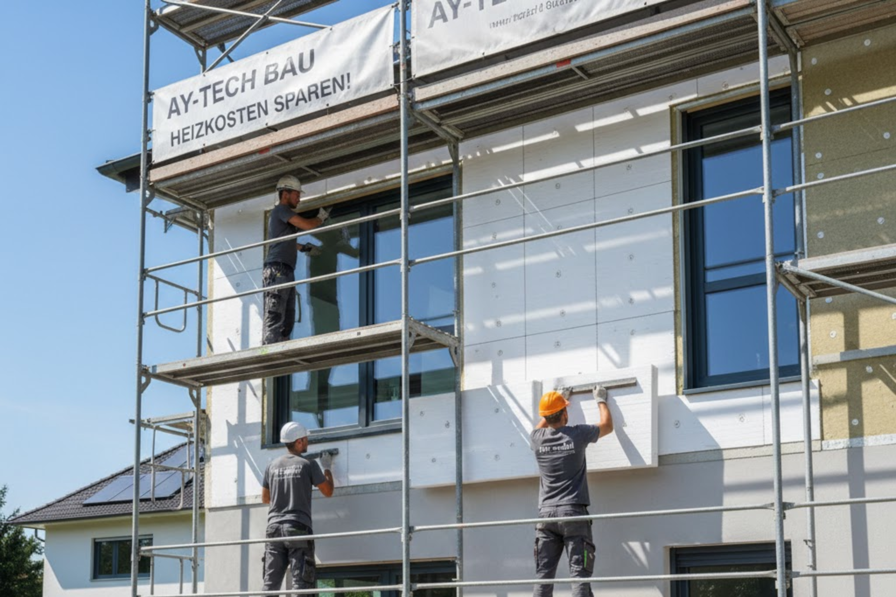 Handwerker von AY-Techbau bei der fachgerechten Installation einer Fassadendämmung an einem Wohnhaus in Ingolstadt.