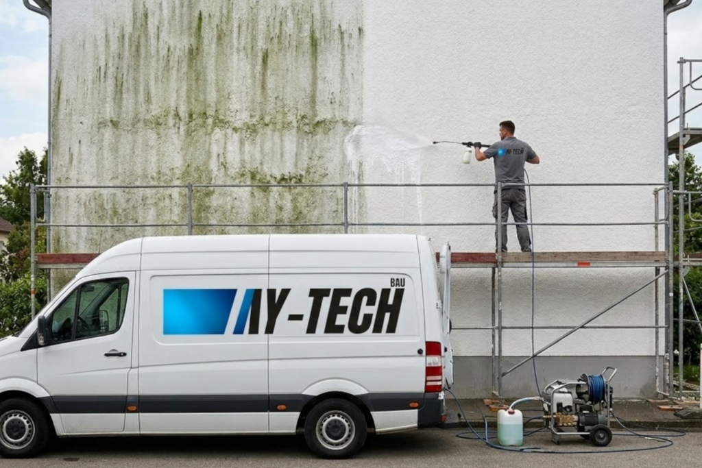Professionelle Fassadenreinigung durch AY-Tech BAU in Ingolstadt: Ein Fachmann entfernt Algen und Moos von einer Hauswand mittels schonendem Niederdruckverfahren. Ein weißer Service-Van mit dem Firmenlogo steht im Vordergrund.