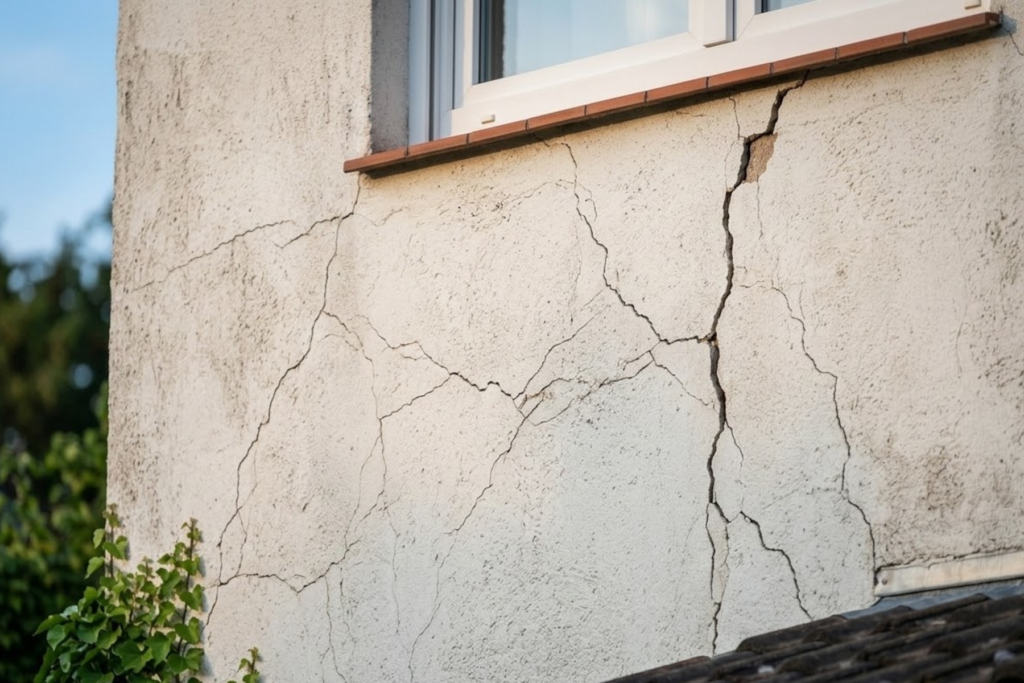 Starke Risse in einer verputzten Hausfassade unter einem Fenster, sanierungsbedürftiger Außenputz bei einem Wohnhaus
