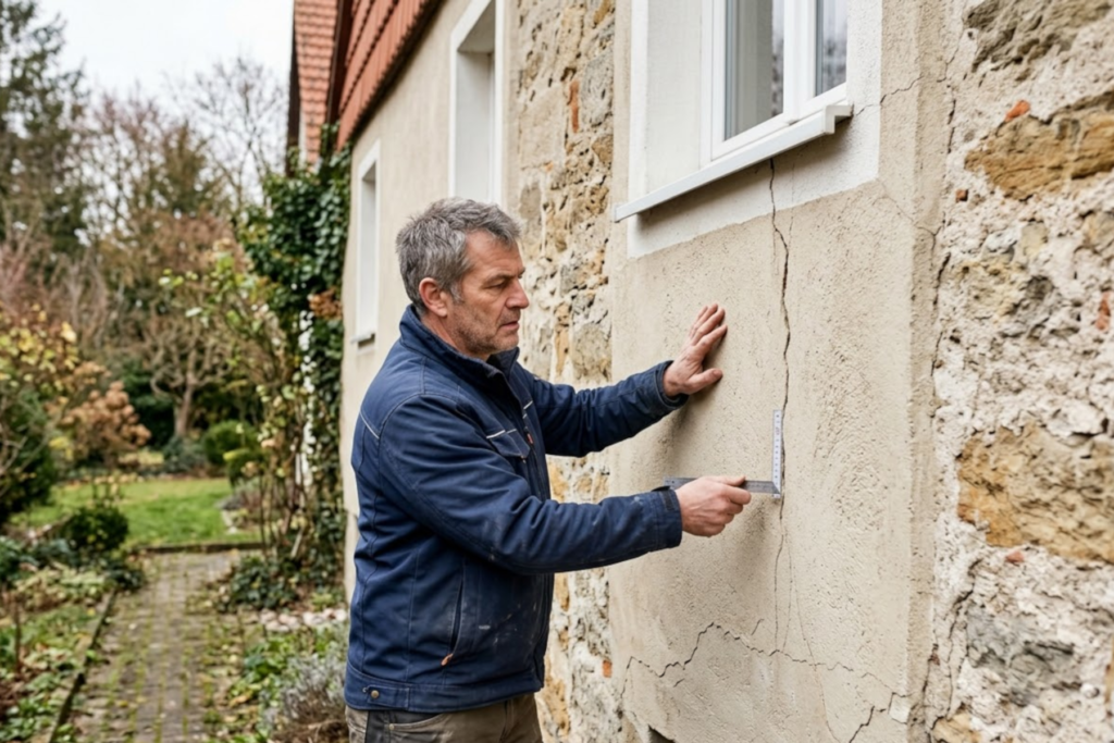Ein Hausbesitzer prüft skeptisch eine Fassade mit Rissen und sanierungsbedürftigem Putz, Analyse von Sanierungsstau beim Hauskauf.