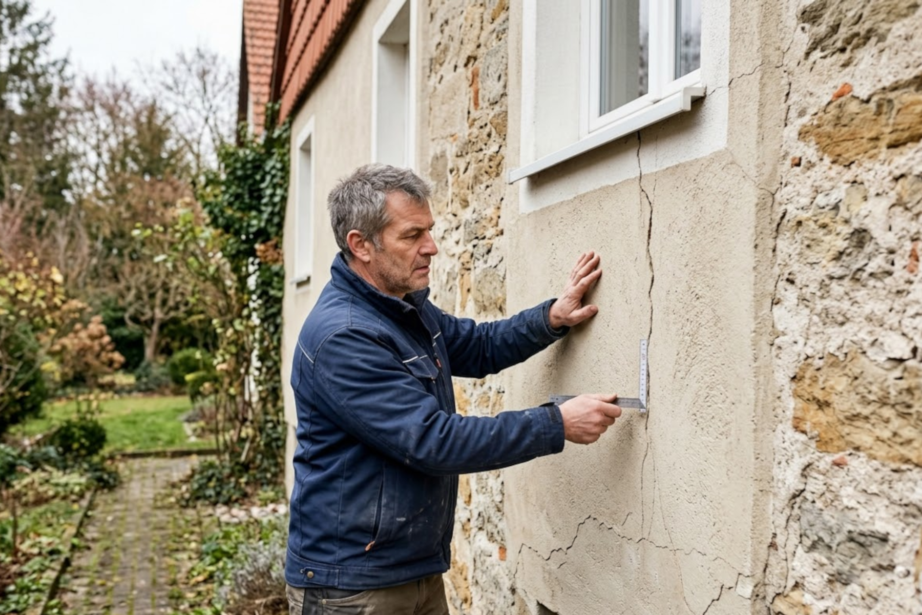 Ein Hausbesitzer prüft skeptisch eine Fassade mit Rissen und sanierungsbedürftigem Putz, Analyse von Sanierungsstau beim Hauskauf.