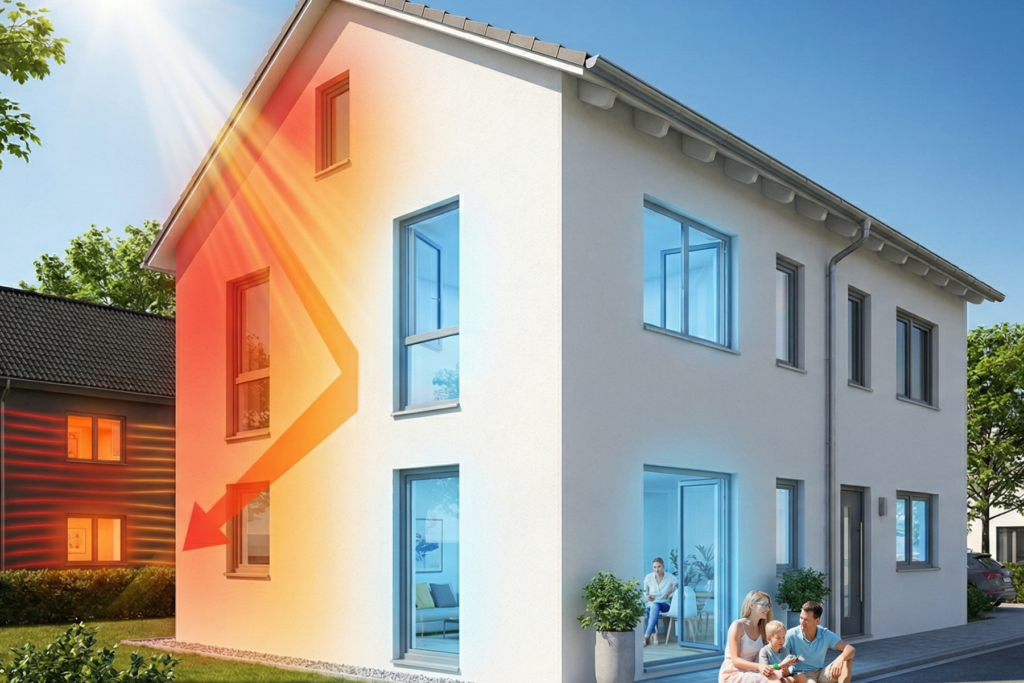Sommerlicher Wärmeschutz an einer modernen Hausfassade in Ingolstadt durch reflektierende Fassadenfarbe und Dämmung.