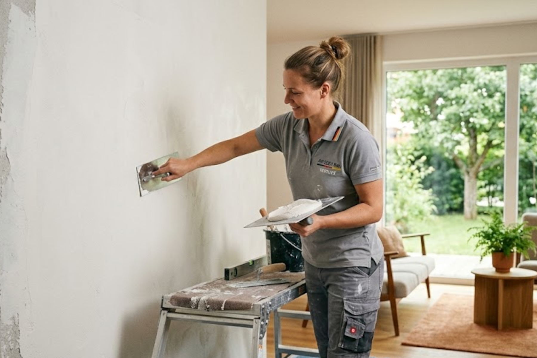 Fachgerechte Verputzarbeiten von AY-Techbau: Eine Handwerkerin trägt ökologischen mineralischen Innenputz für ein gesundes Raumklima in einem modernen Wohnzimmer auf.