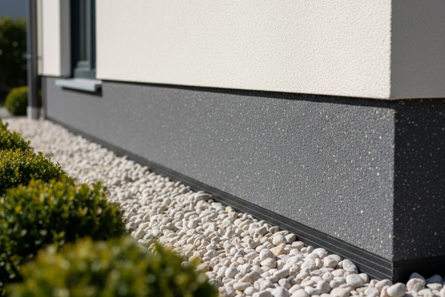 Nahaufnahme eines professionell sanierten Fassadensockels mit anthrazitfarbenem Buntsteinputz und sauberer Kieskante zur Entwässerung.