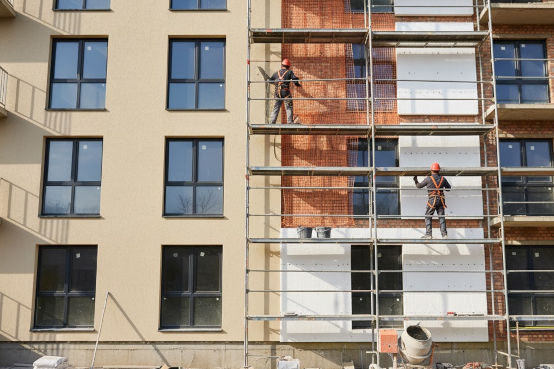 Bauarbeiter auf Gerüst bei der Montage von WDVS-Dämmplatten und Armierungsgewebe an einer modernen Fassade.