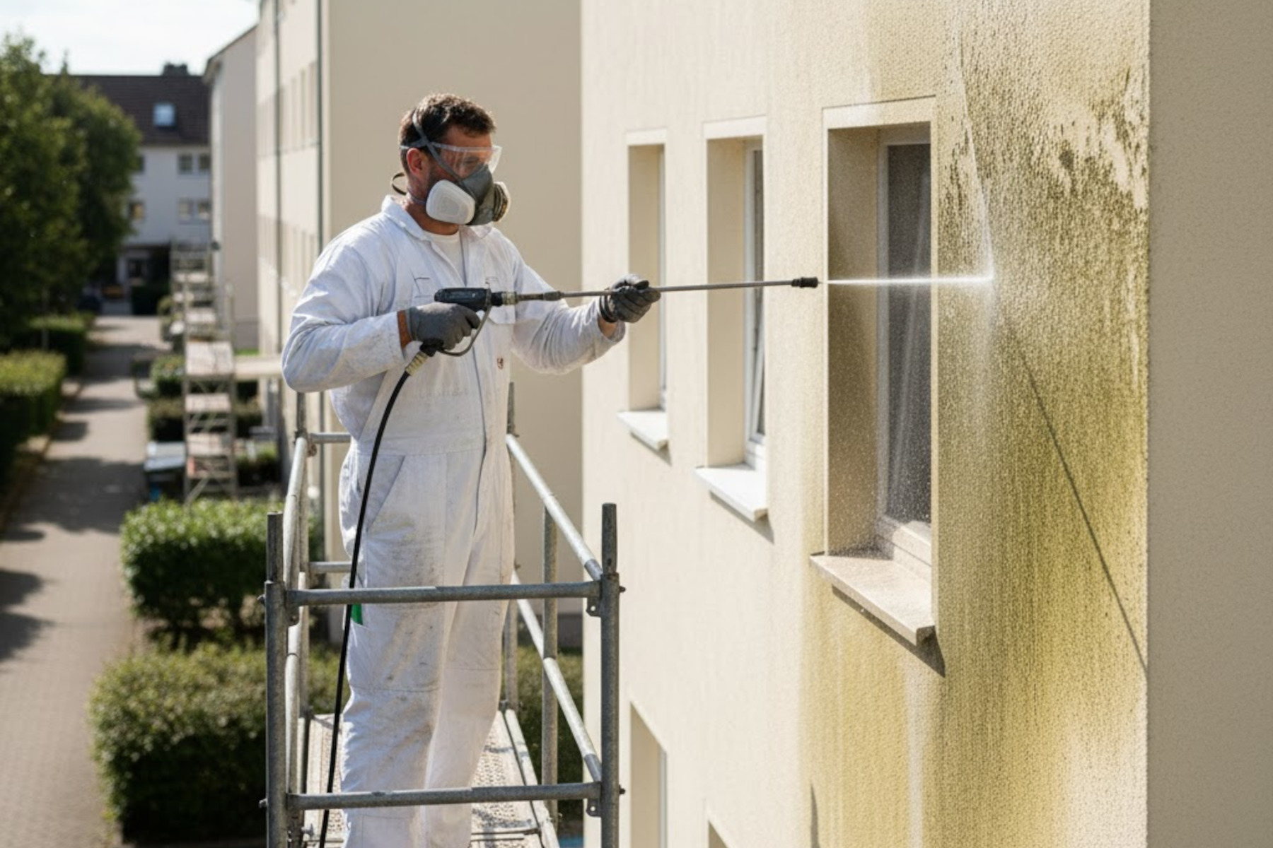 Facharbeiter auf einem Gerüst bei der Fassadenreinigung mit einem Hochdruckreiniger. Entfernung von Algen und Schmutz an der Hauswand.