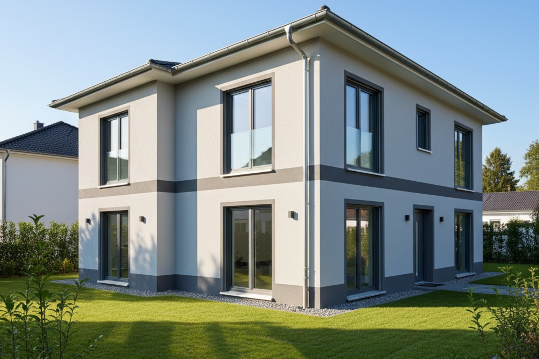 Modern saniertes Einfamilienhaus in Ingolstadt mit heller Fassade und dunklen Fensterrahmen zur Veranschaulichung der Wertsteigerung.