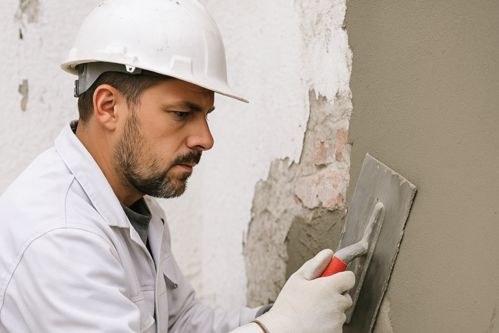 Handwerker auf dem Gerüst bei der Fassadensanierung (Putzreparatur und WDVS-Vorbereitung) an einem Altbau in Ingolstadt.