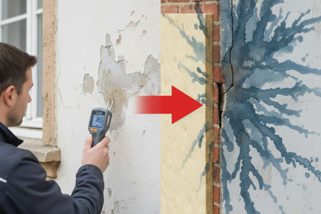 Mann misst mit Feuchtemessgerät die Nässe in einer beschädigten Fassade mit abgeplatztem Putz und einem tiefen Riss.