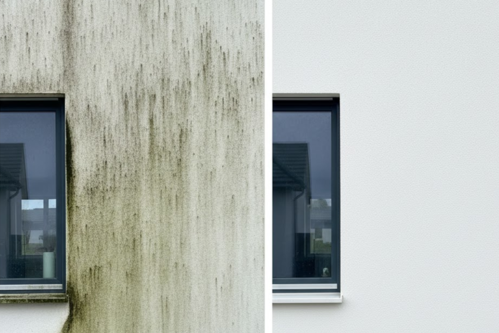 Direkter Vorher-Nachher-Vergleich einer Fassadenreinigung: Links eine durch Algen und Pilze stark verschmutzte weiße Fassade, rechts das strahlend saubere Ergebnis nach der professionellen Reinigung.