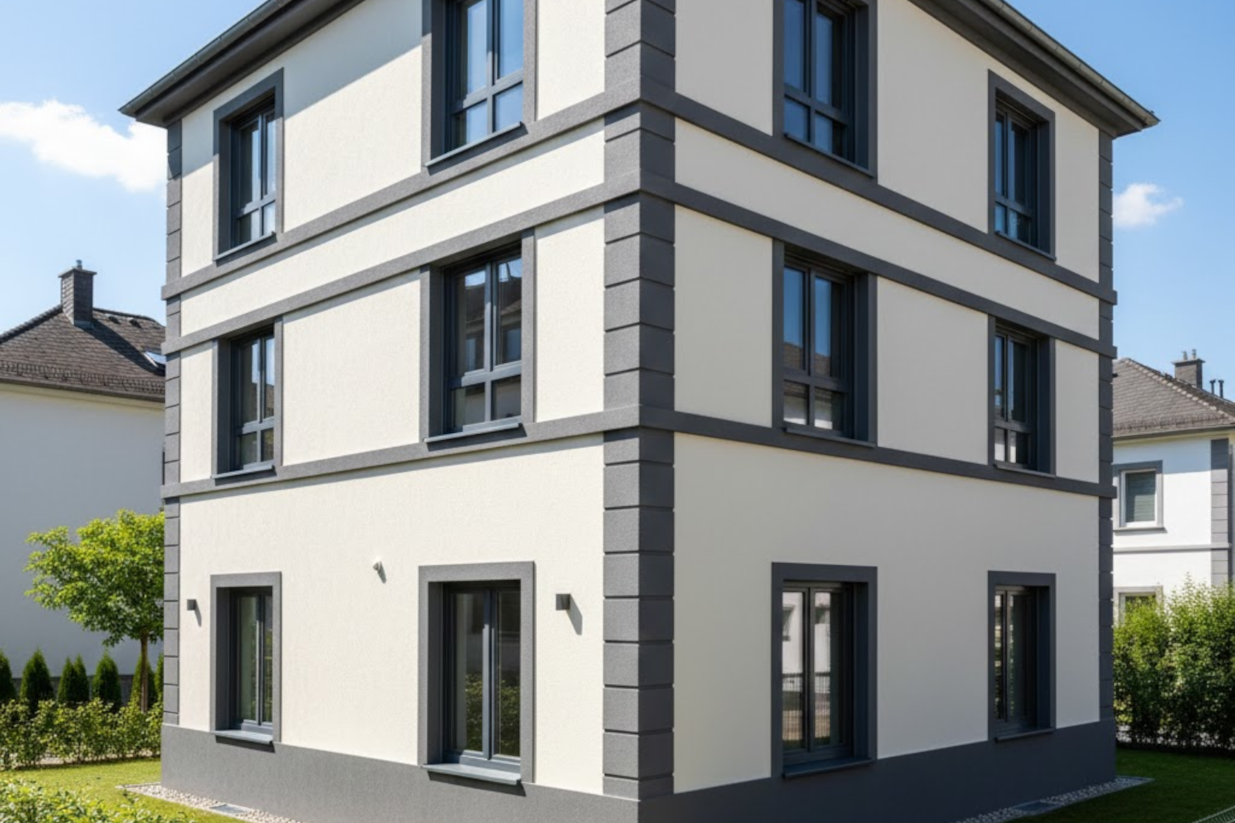 Moderne Hausfassade mit einer Kombination aus hellgrauem Putz und dunkelgrauen Akzenten an Fenstern und Hausecken zur Veranschaulichung gelungener Fassadengestaltung.