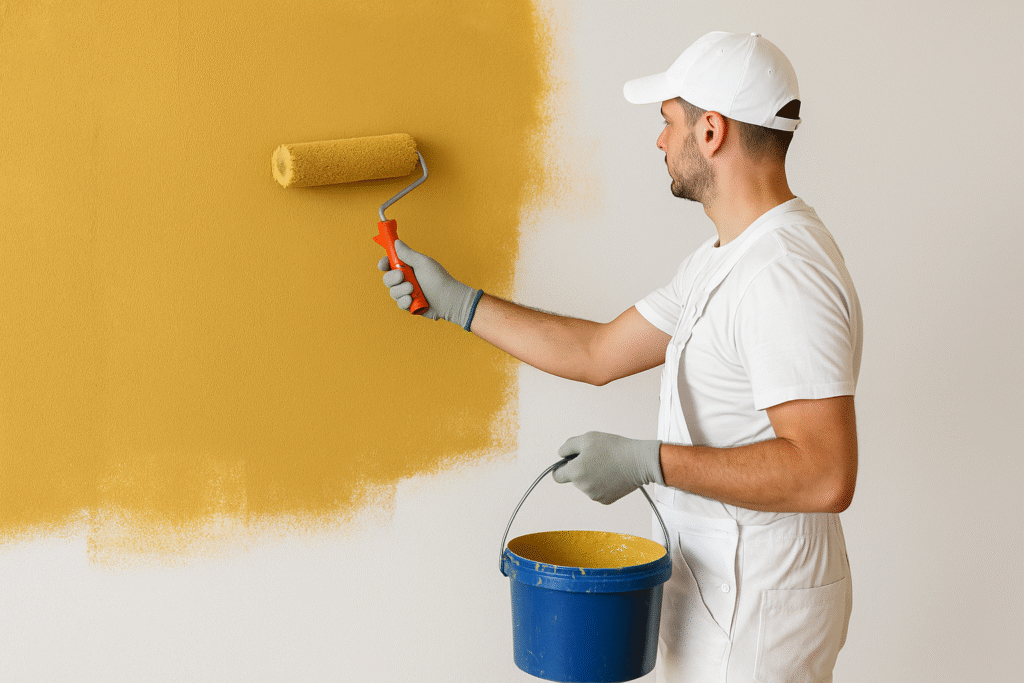 Professioneller Maler trägt mit Farbrolle gelbe Farbe an einer Innenwand auf. Handwerker im weißen Arbeitsanzug sorgt für hochwertige Malerarbeiten und präzise Ausführung.