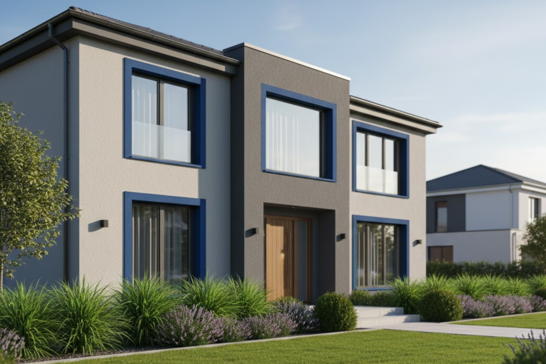 Modern gestaltetes Einfamilienhaus mit einer Kombination aus hellgrauem Putz und dunkelgrauen Akzenten sowie blauen Fensterumrandungen.