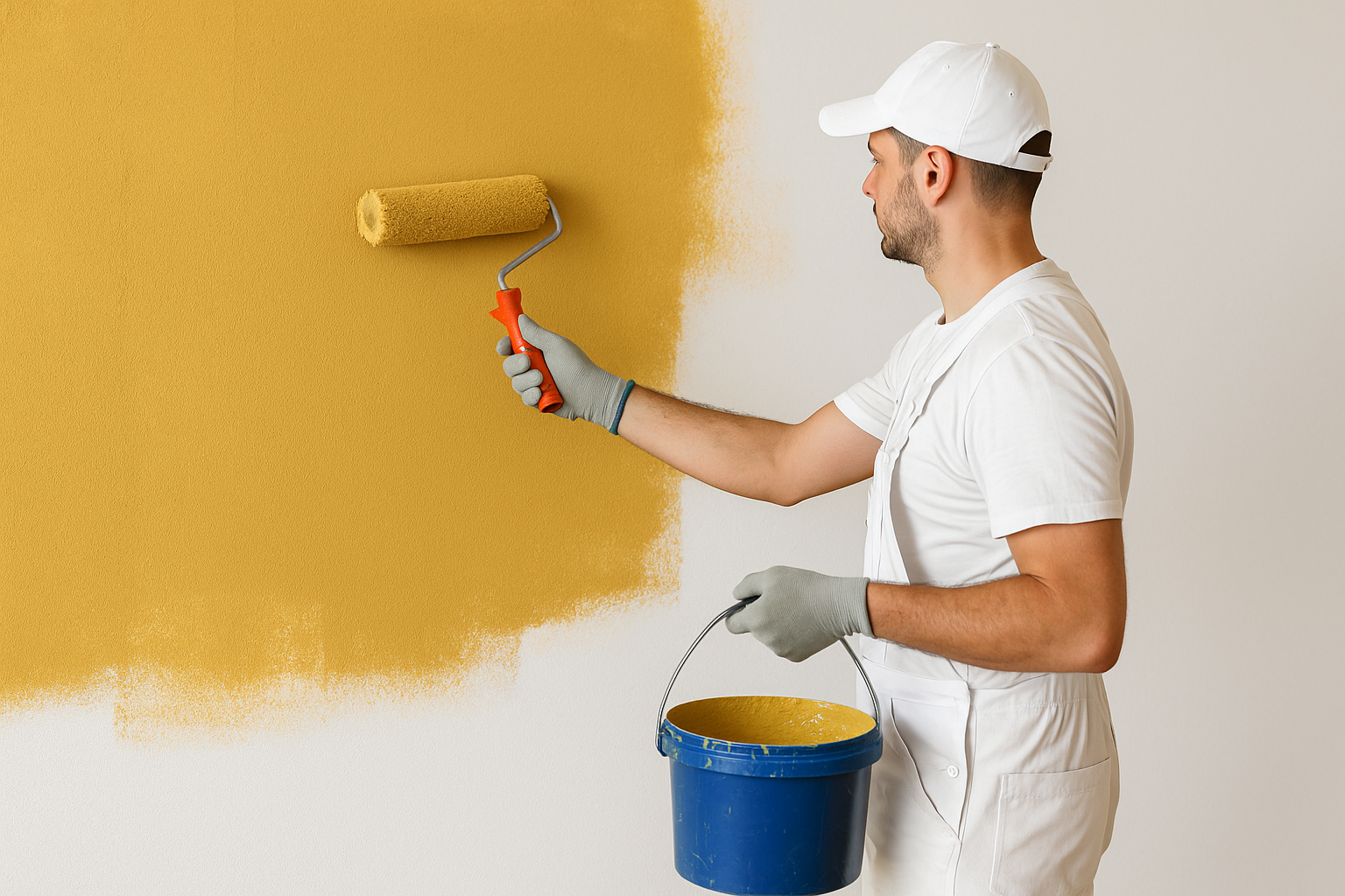 Professioneller Maler trägt mit Farbrolle gelbe Farbe an einer Innenwand auf. Handwerker im weißen Arbeitsanzug sorgt für hochwertige Malerarbeiten und präzise Ausführung.