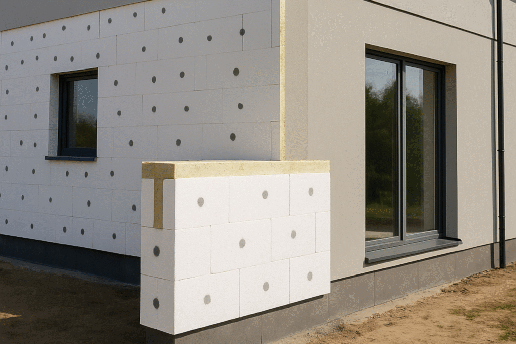 Moderne Wärmedämmung an der Fassade eines Neubaus mit sichtbaren Dämmplatten