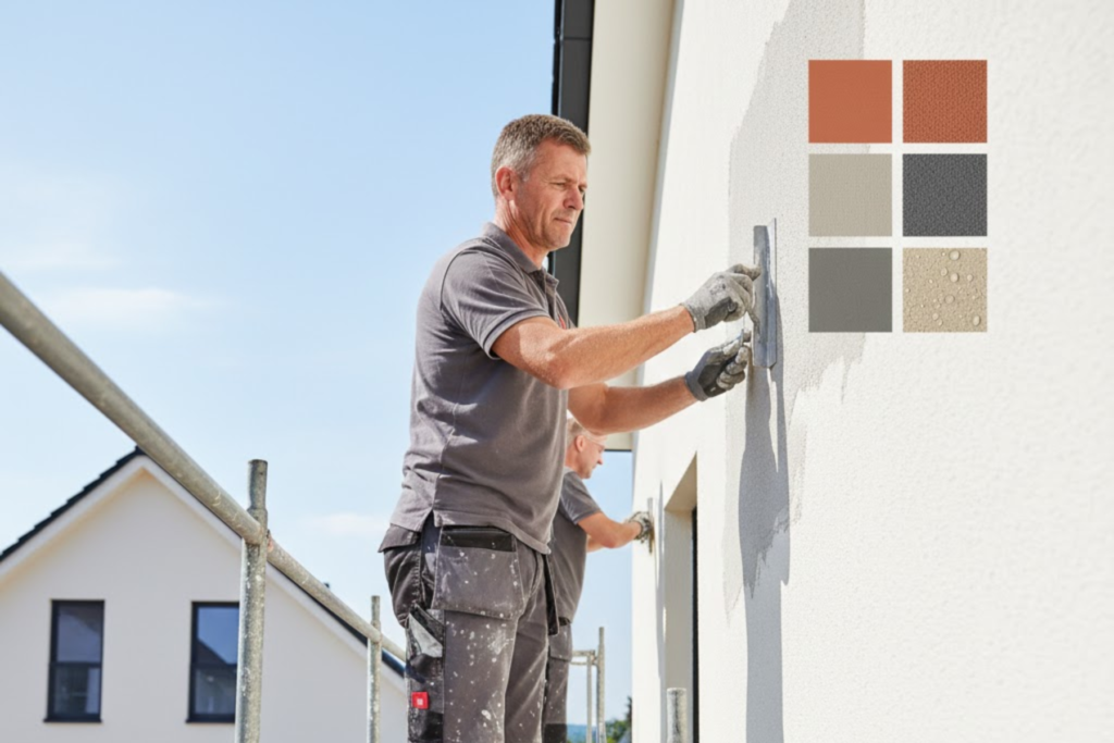 Ein professioneller Handwerker von AY-TECH Bau trägt fachgerecht neuen Außenputz auf eine Hausfassade auf.