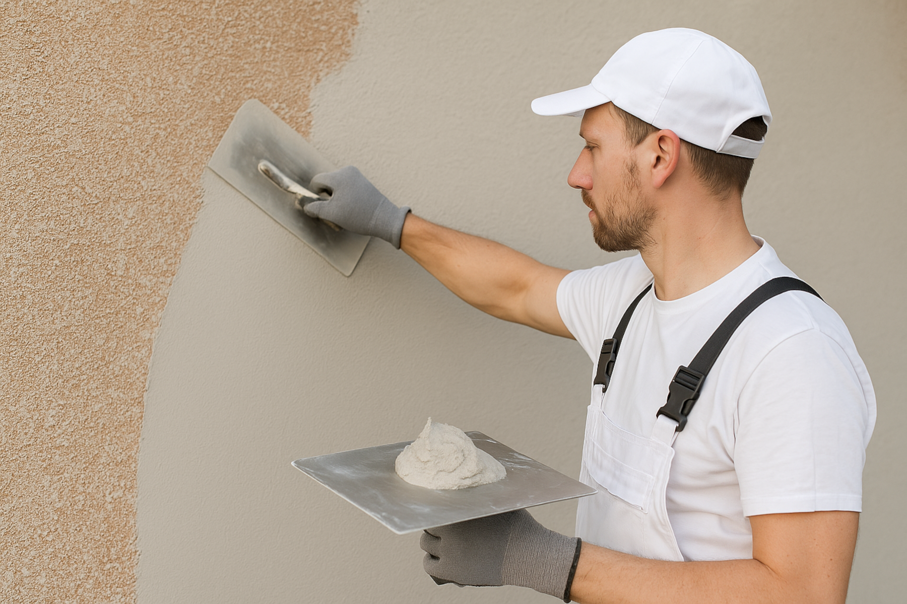 Handwerker führt präzise Verputzarbeiten an einer Hausfassade aus. Er trägt frischen Putz mit einer Kelle auf und sorgt so für eine glatte, langlebige Oberfläche. Typische Szene aus dem Fassadenbau mit Fokus auf Qualität, Wärmedämmung und Handwerk.