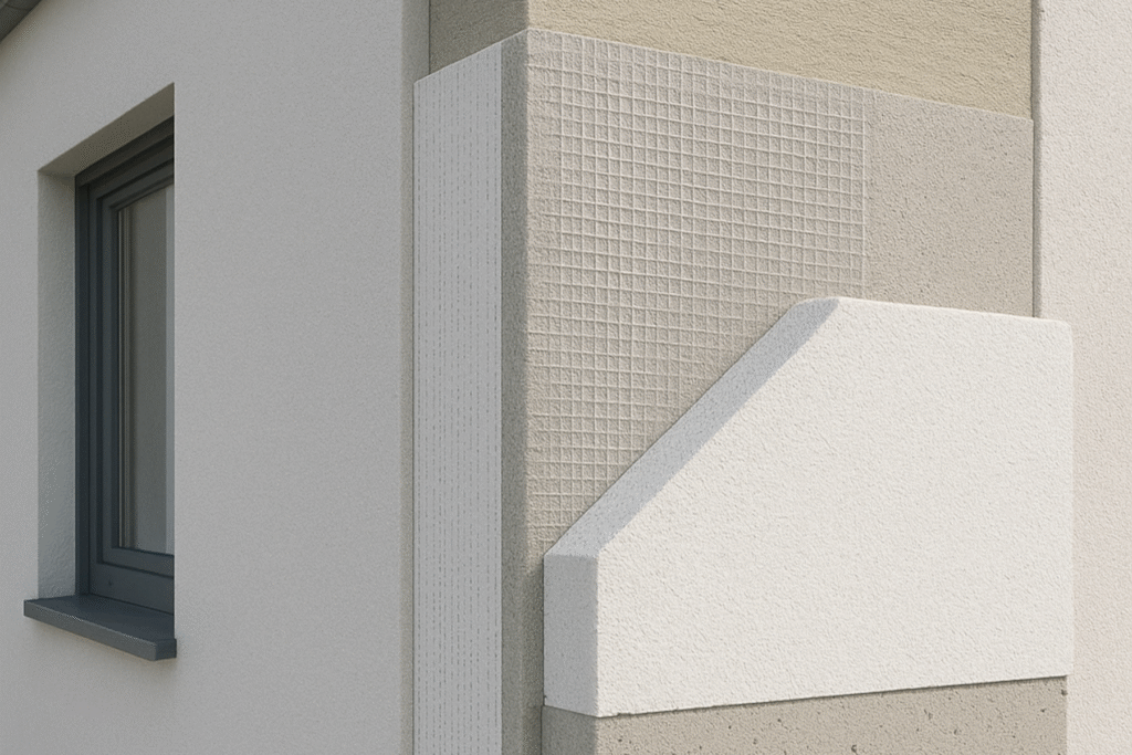 Vergleich von WDVS-Dämmstoffen: Muster von EPS-Platten, Mineralwolle und Mineralschaum, die an einer Fassade montiert werden.