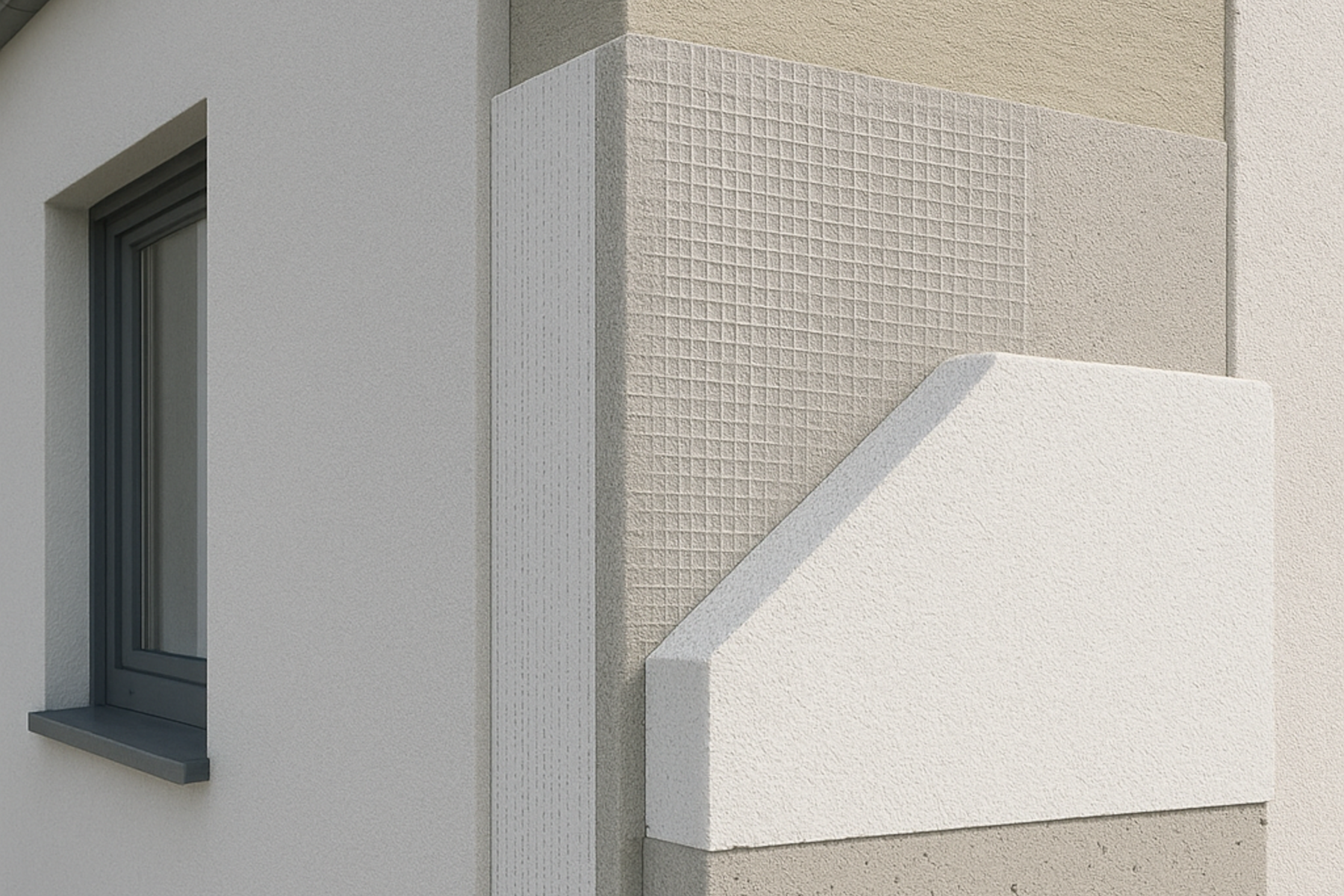 Vergleich von WDVS-Dämmstoffen: Muster von EPS-Platten, Mineralwolle und Mineralschaum, die an einer Fassade montiert werden.