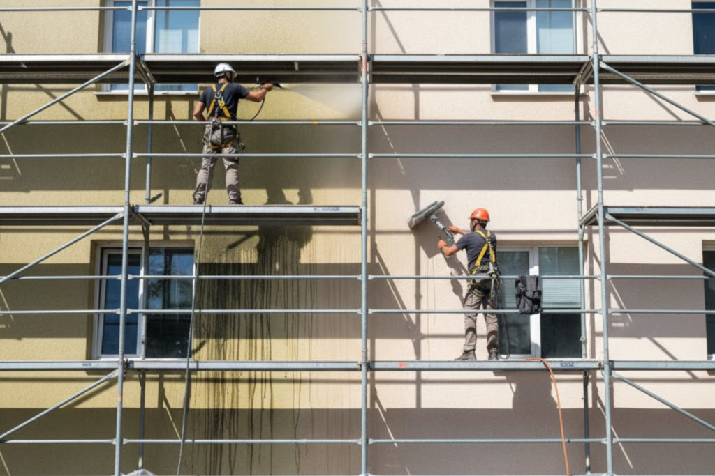Fachmann bei der Fassadenreinigung mit speziellem Niederdruckverfahren in Denkendorf.