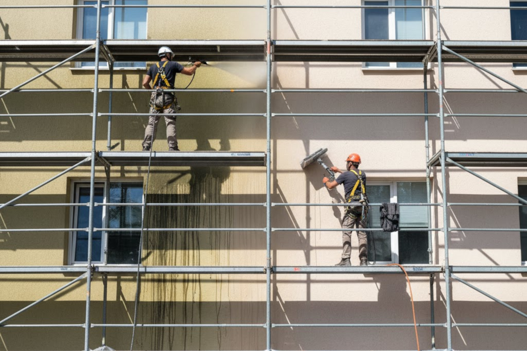 Professionelle Fassadenreinigung in Nürnberg. Fachhandwerker entfernt Algen und Schwarzbeläge schonend von einer Hausfassade.