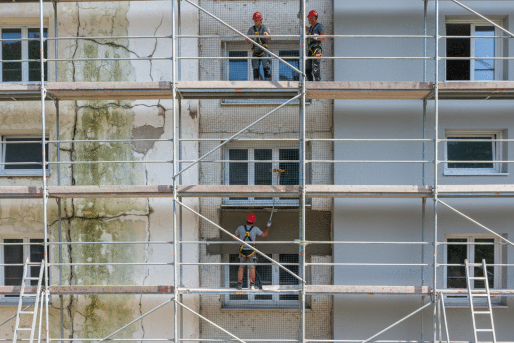 Handwerker auf Gerüst bei der Fassadensanierung und Putzreparatur in Denkendorf.