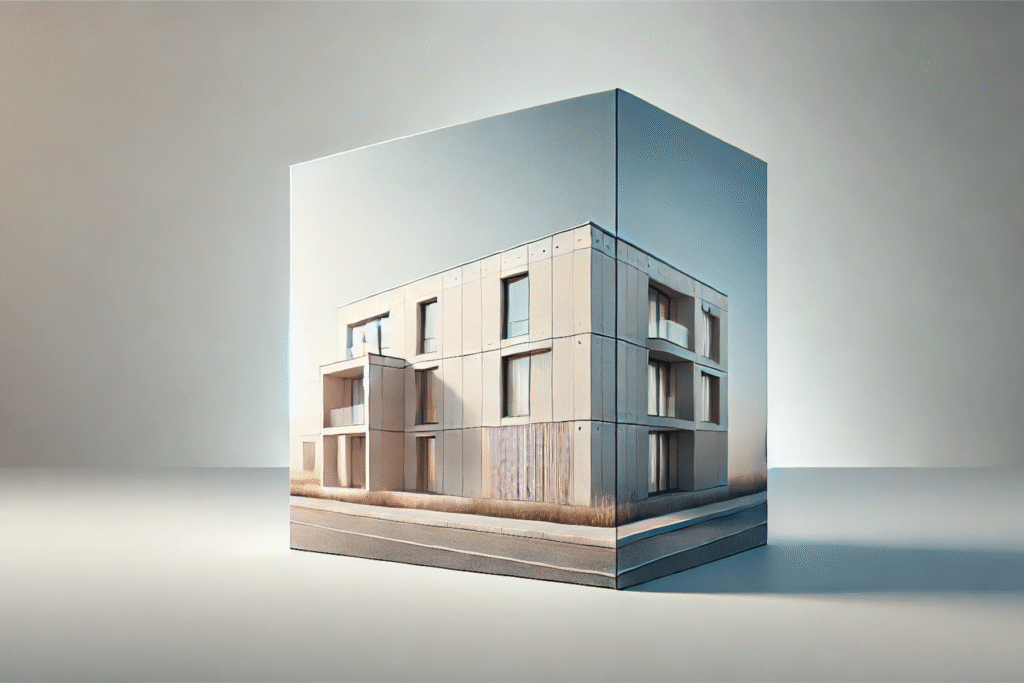 Das Bild zeigt ein beigefarbenes Einfamilienhaus, dessen Fassade teilweise mit einem orangefarbenen Netz bedeckt ist. Auf dem Gerüst vor der Fassade stehen zwei Bauarbeiter in Schutzkleidung. Einer der Arbeiter hält ein Werkzeug in der Hand. Im Vordergrund sind Baumaschinen, Eimer und weitere Bauwerkzeuge zu sehen.