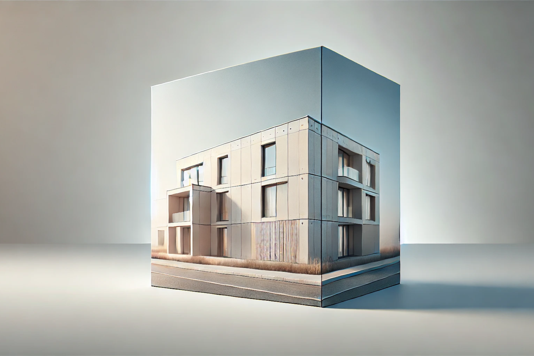 Das Bild zeigt ein beigefarbenes Einfamilienhaus, dessen Fassade teilweise mit einem orangefarbenen Netz bedeckt ist. Auf dem Gerüst vor der Fassade stehen zwei Bauarbeiter in Schutzkleidung. Einer der Arbeiter hält ein Werkzeug in der Hand. Im Vordergrund sind Baumaschinen, Eimer und weitere Bauwerkzeuge zu sehen.
